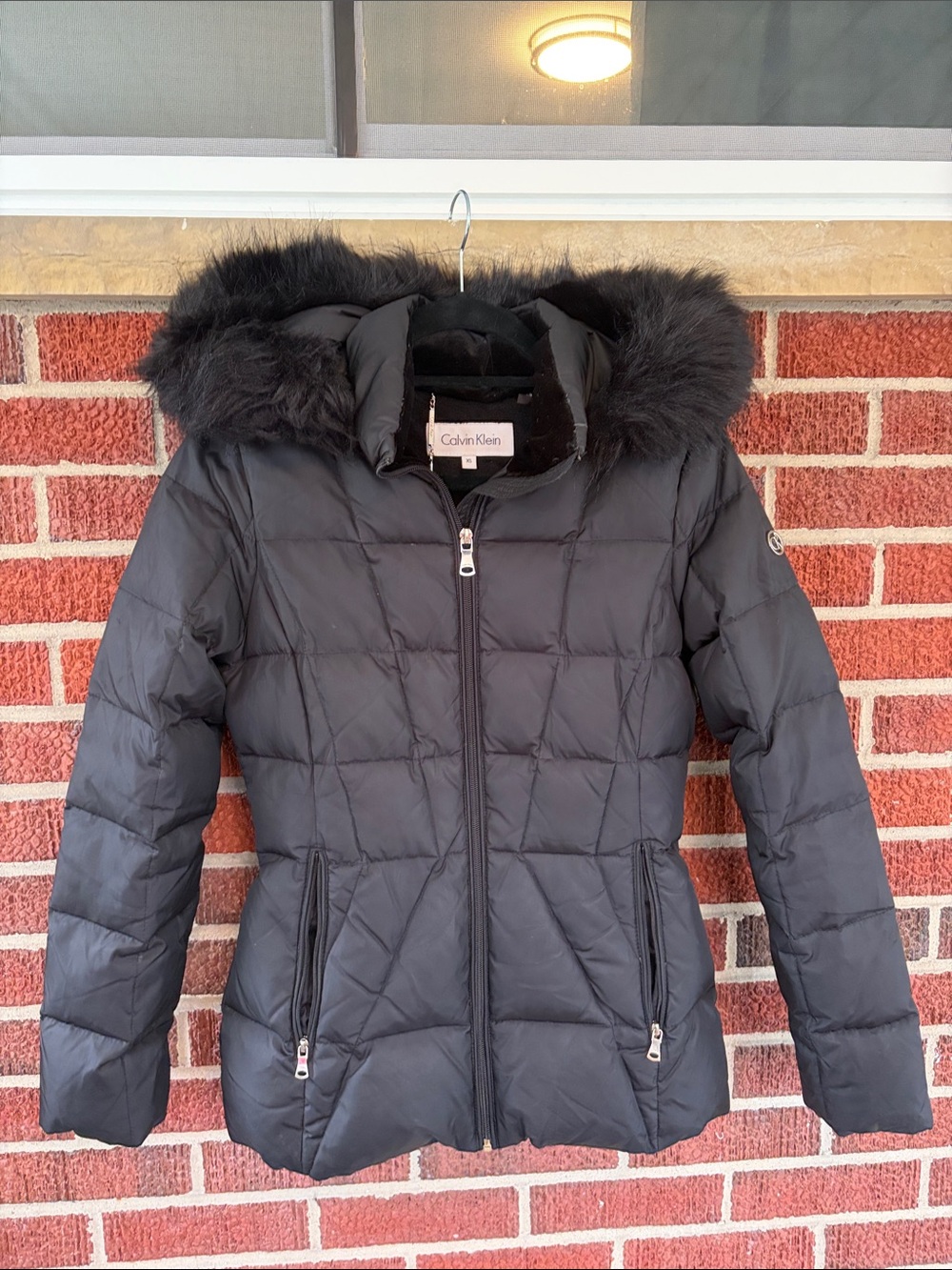 Calvin Klein Black Quilted Puffer Jacket with Faux Fur Hood